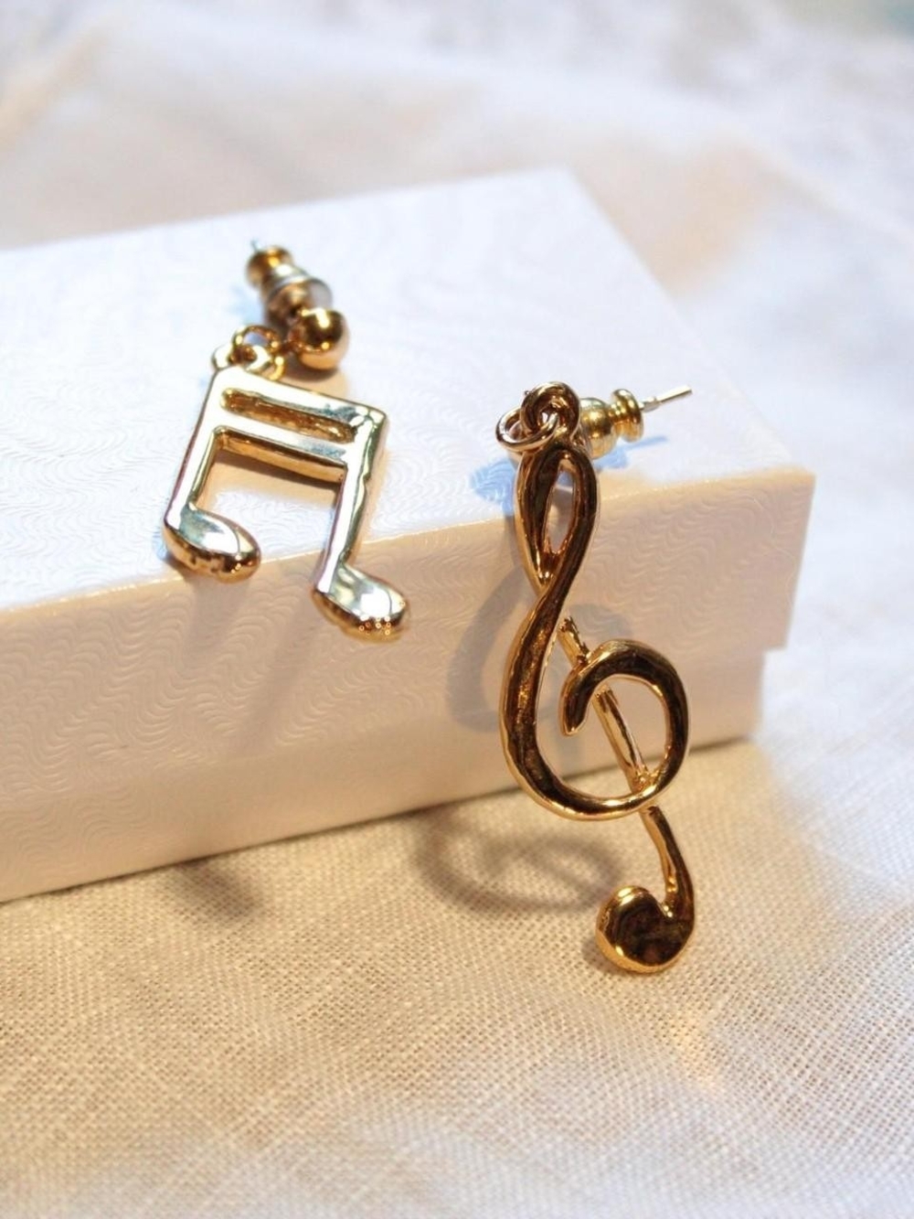 Gold Music Note Dangle Earrings - Musical Treble Clef & Beamed Note